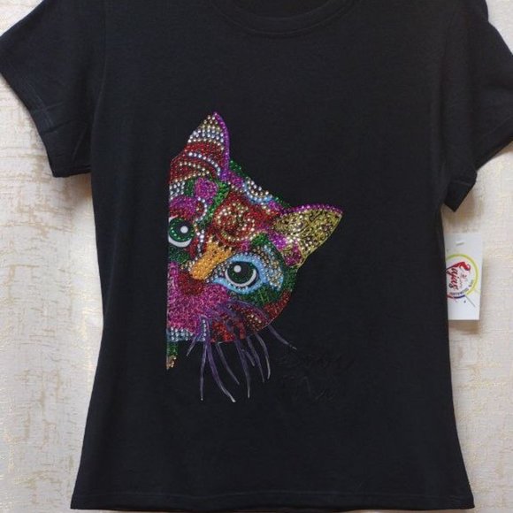CAT LOVER Rhinestone plus size, Bling Tee, Exclusive. Handmade. BLACK - Picture 3 of 5